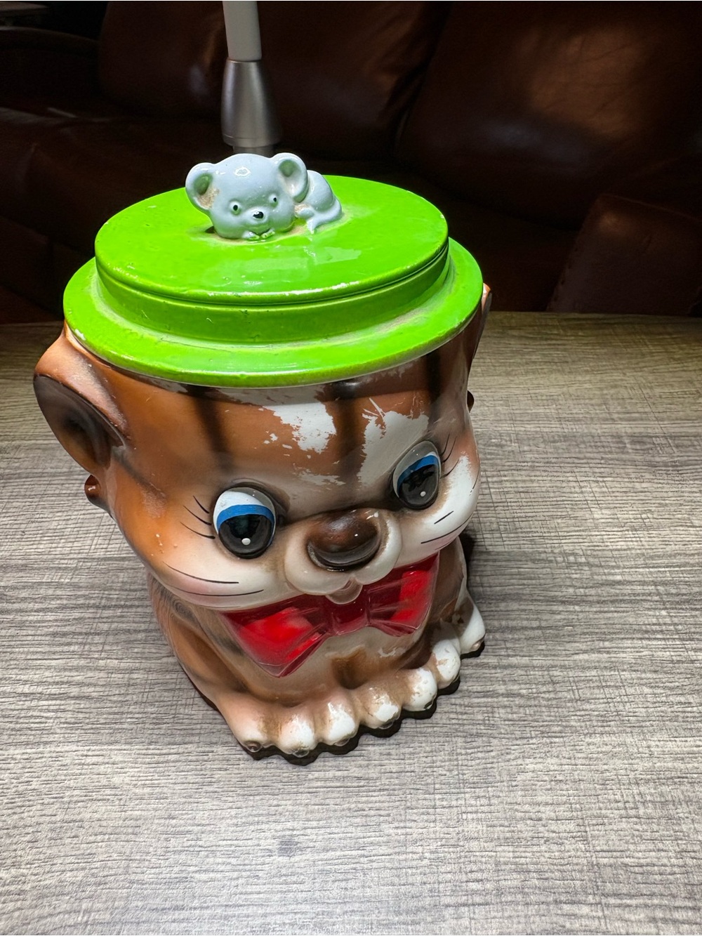 Ceramic Dog Treat Jar with Bright Green Lid and Playful Pup Design